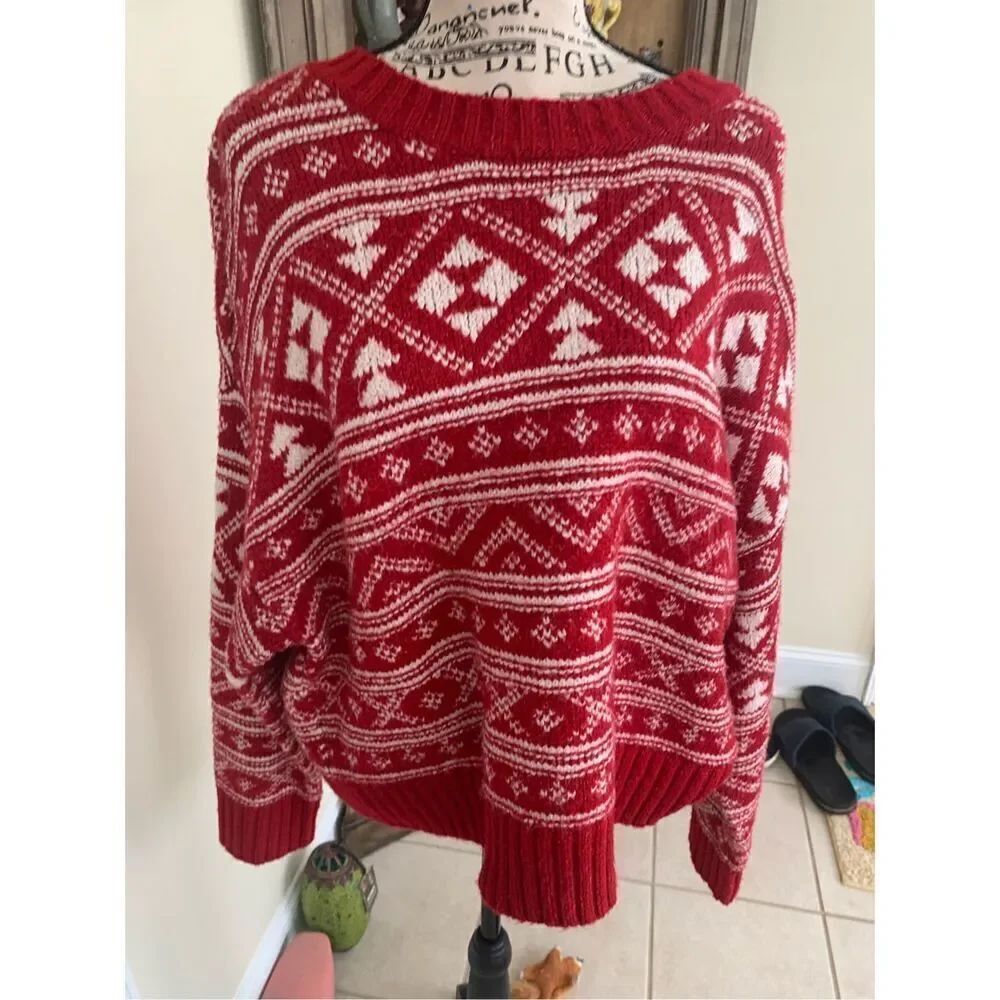 American Eagle Red Fair Isle Cropped Sweater